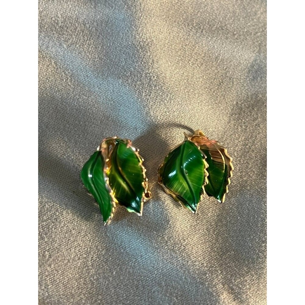 Vintage Leaf Clip-On Earrings with Green Enamel